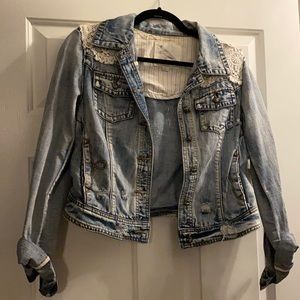 Buckle distressed denim jacket with lace crochet detail